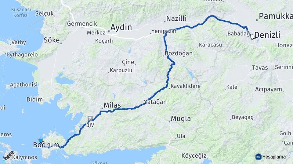 Muğla Bodrum Gümüşlük Denizli Arası Kaç Km - Yol Haritası