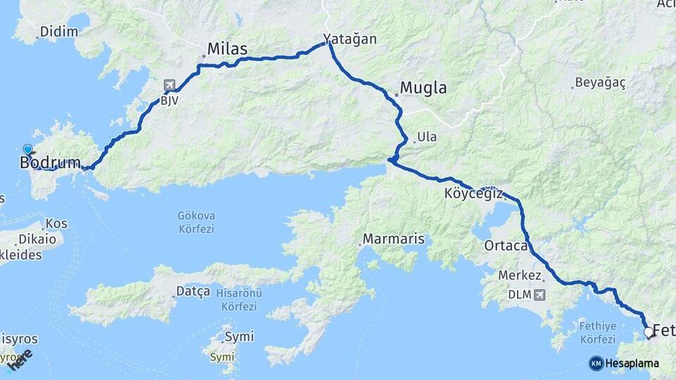 Muğla Bodrum Gümüşlük Fethiye Arası Kaç Km - Yol Haritası