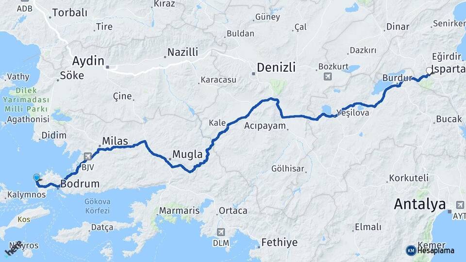 Muğla Bodrum Gümüşlük Isparta Arası Kaç Km - Yol Haritası