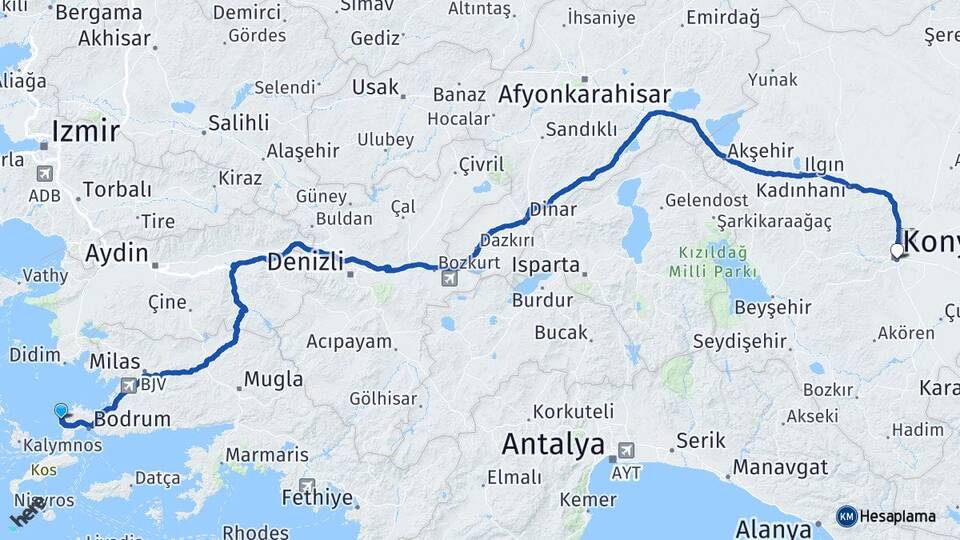Muğla Bodrum Gümüşlük Konya Arası Kaç Km - Yol Haritası
