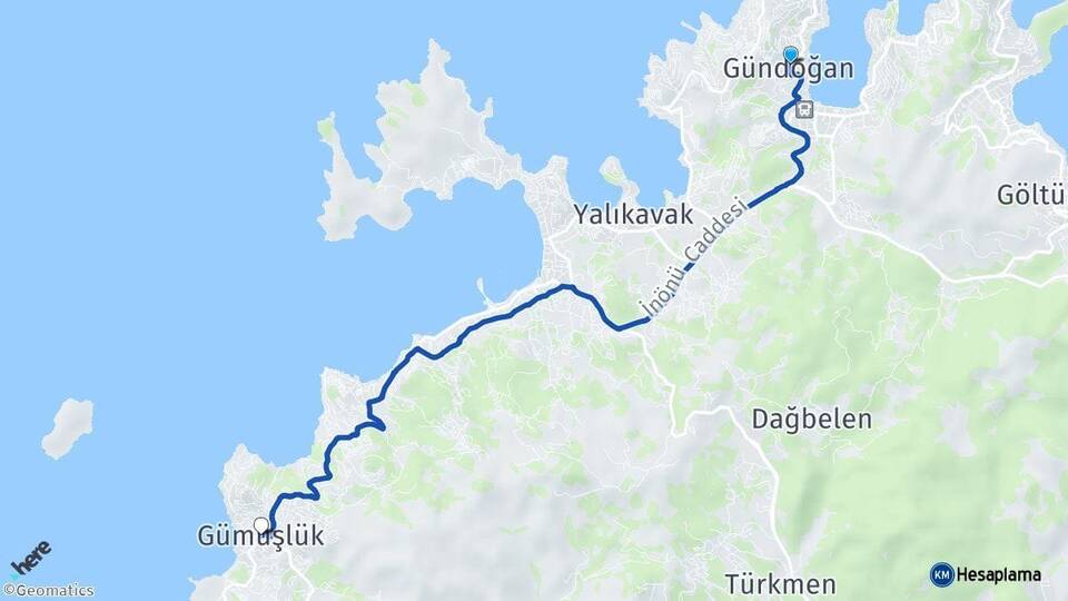 Muğla Bodrum Gündoğan Gümüşlük Bodrum Arası Kaç Km - Yol Haritası