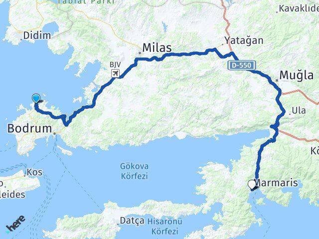 Muğla Bodrum Gündoğan Siteler Marmaris Arası Kaç Km - Yol Haritası