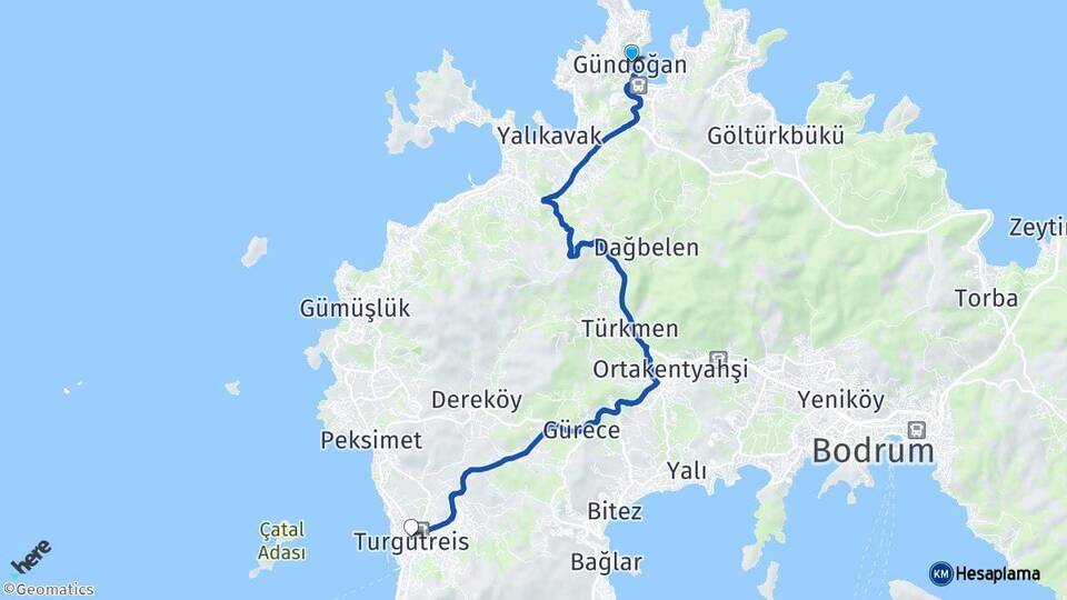 Muğla Bodrum Gündoğan Turgutreis Bodrum Arası Kaç Km - Yol Haritası