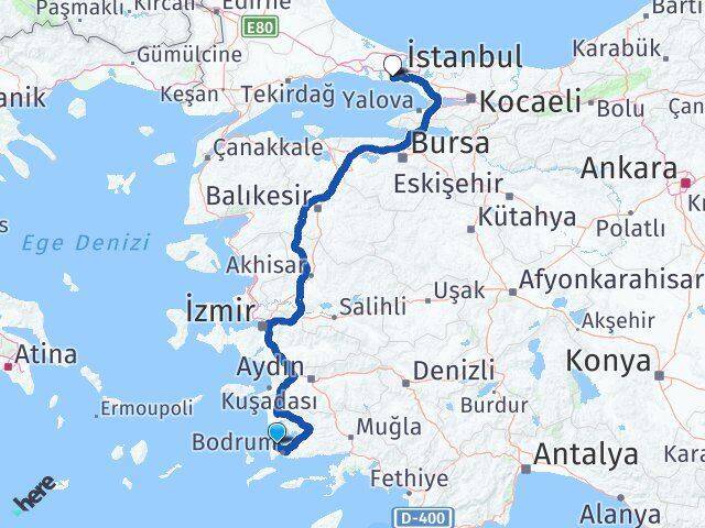 Muğla Bodrum Gündoğan Zeytinburnu İstanbul Arası Kaç Km - Yol Haritası