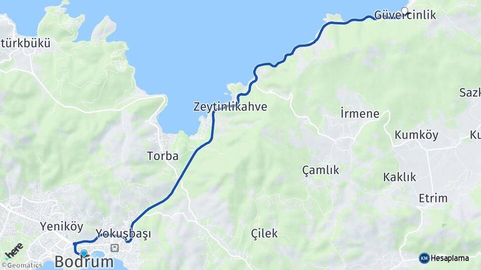 Muğla Bodrum Güvercinlik Bodrum Arası Kaç Km - Yol Haritası
