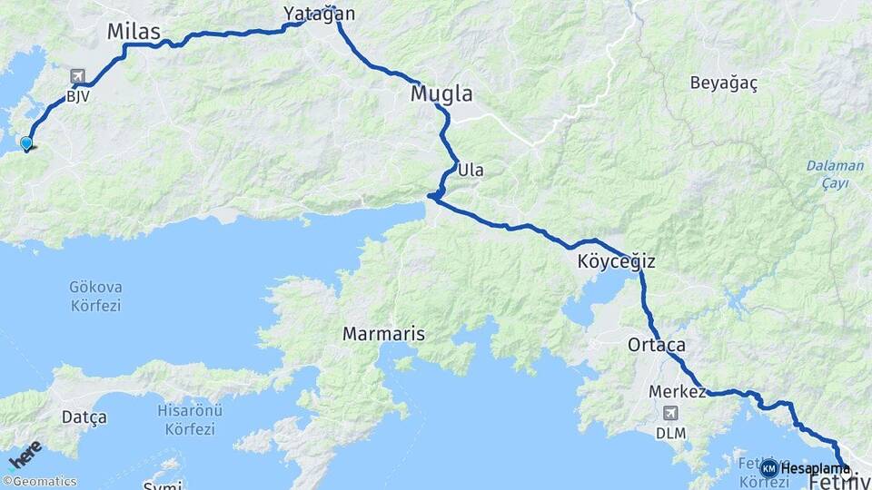 Muğla Bodrum Güvercinlik Fethiye Arası Kaç Km - Yol Haritası