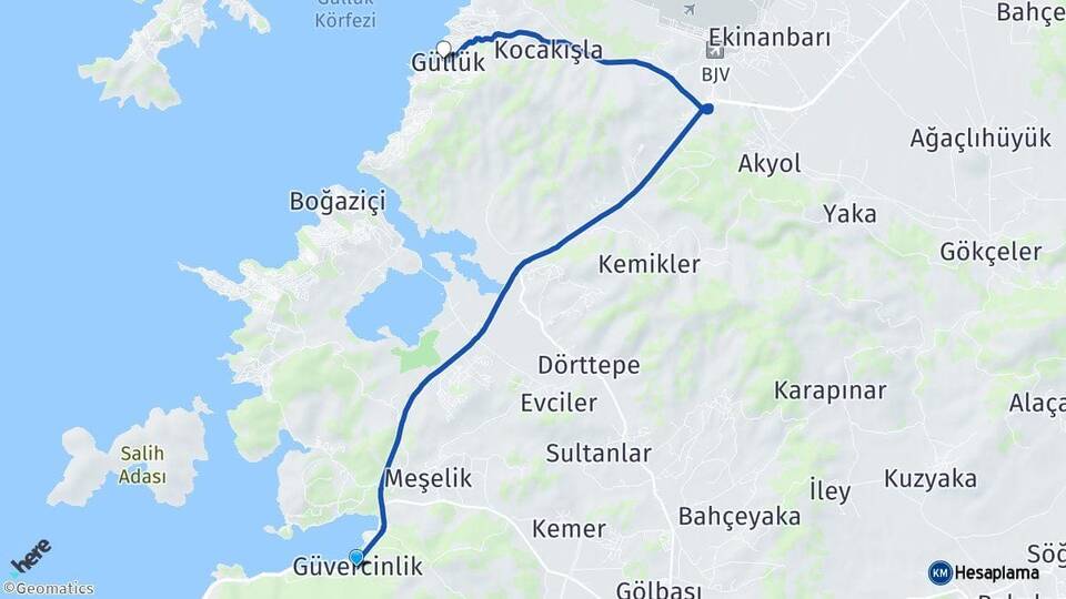 Muğla Bodrum Güvercinlik Güllük Milas Arası Kaç Km - Yol Haritası