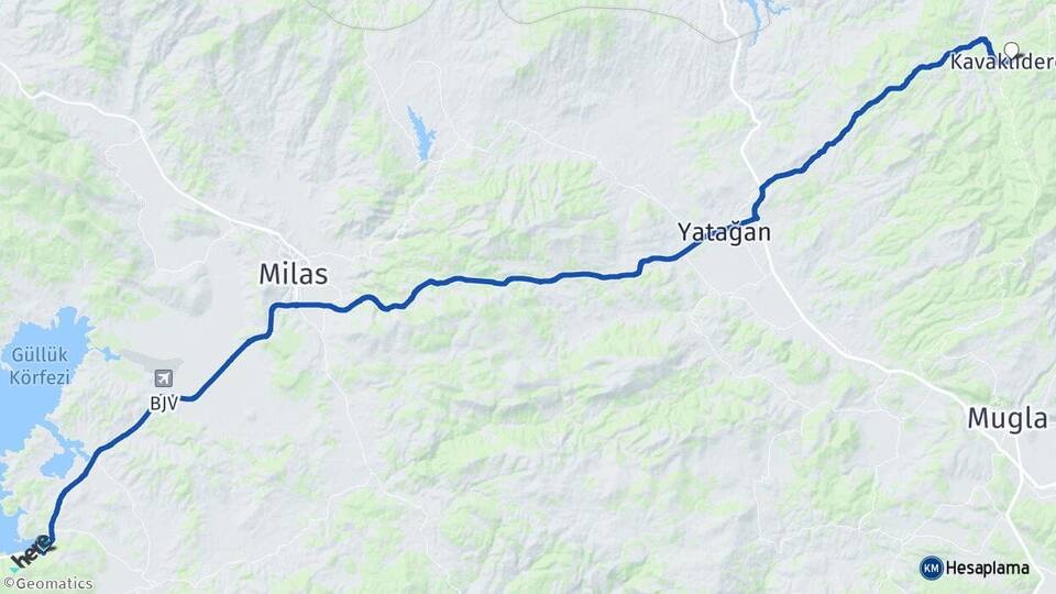 Muğla Bodrum Güvercinlik Kavaklıdere Arası Kaç Km - Yol Haritası