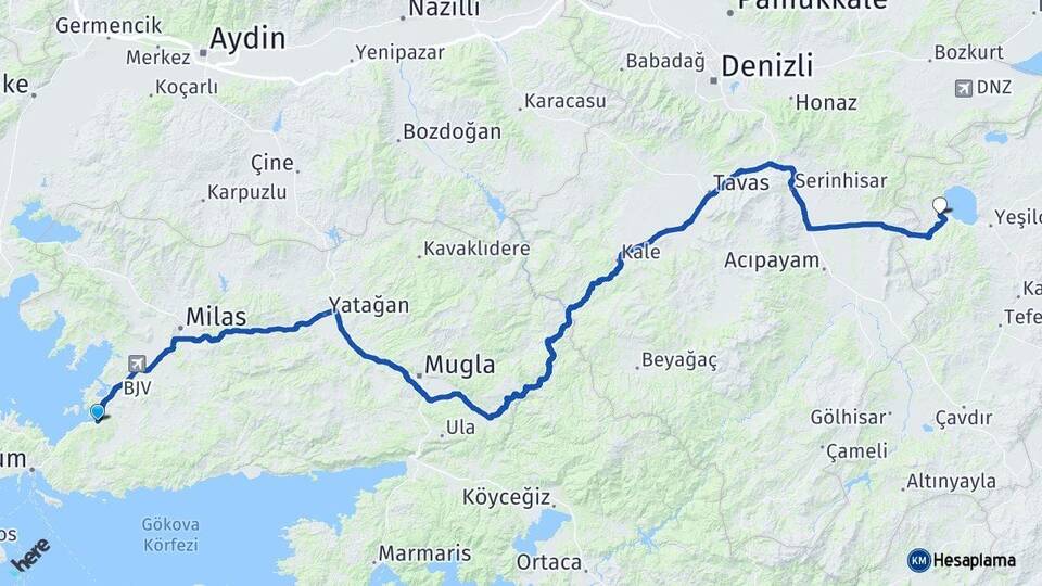Muğla Bodrum Güvercinlik Salda Yeşilova Burdur Arası Kaç Km - Yol Haritası