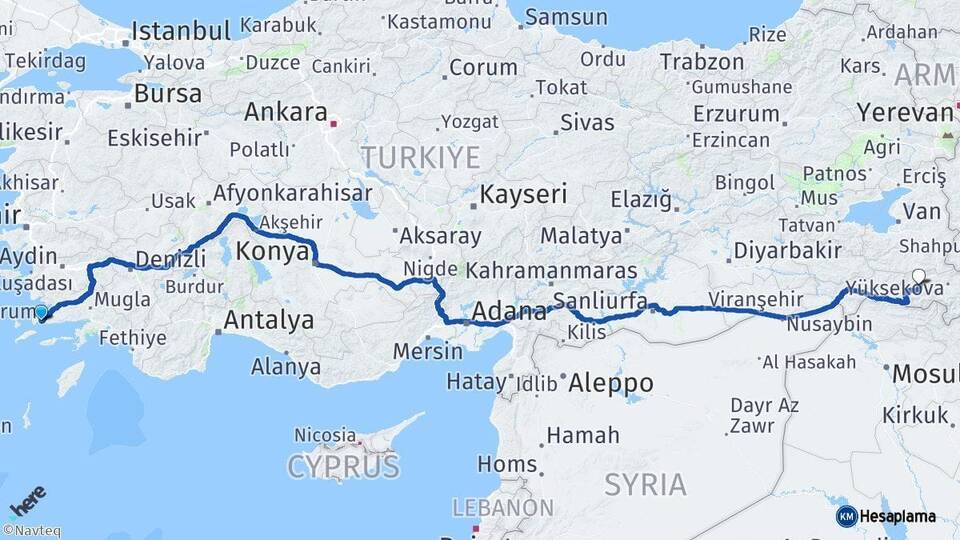 Muğla Bodrum Hakkari Arası Kaç Km - Yol Haritası