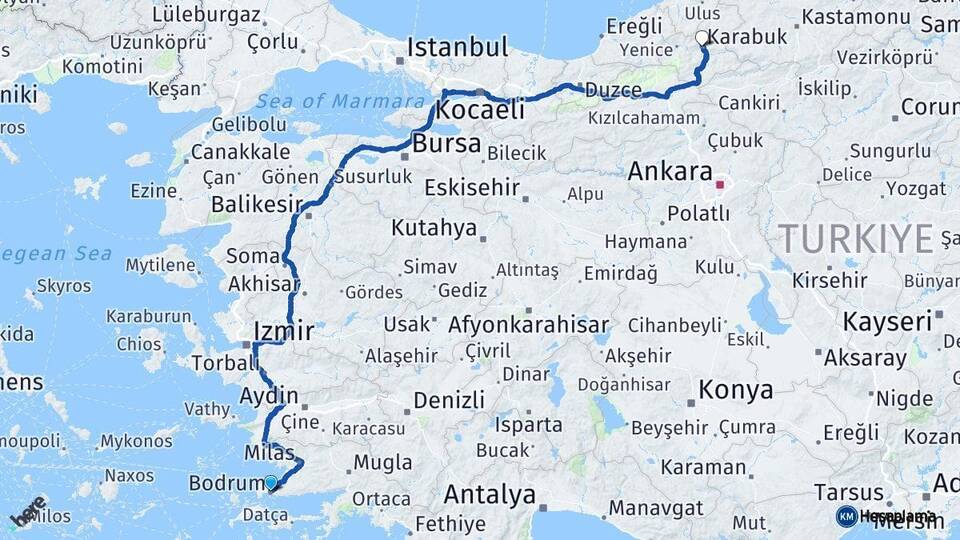Muğla Bodrum Karabük Arası Kaç Km - Yol Haritası
