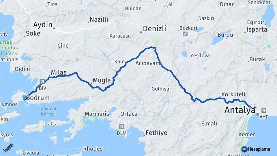 Muğla Bodrum Kepez Antalya Arası Kaç Km - Yol Haritası