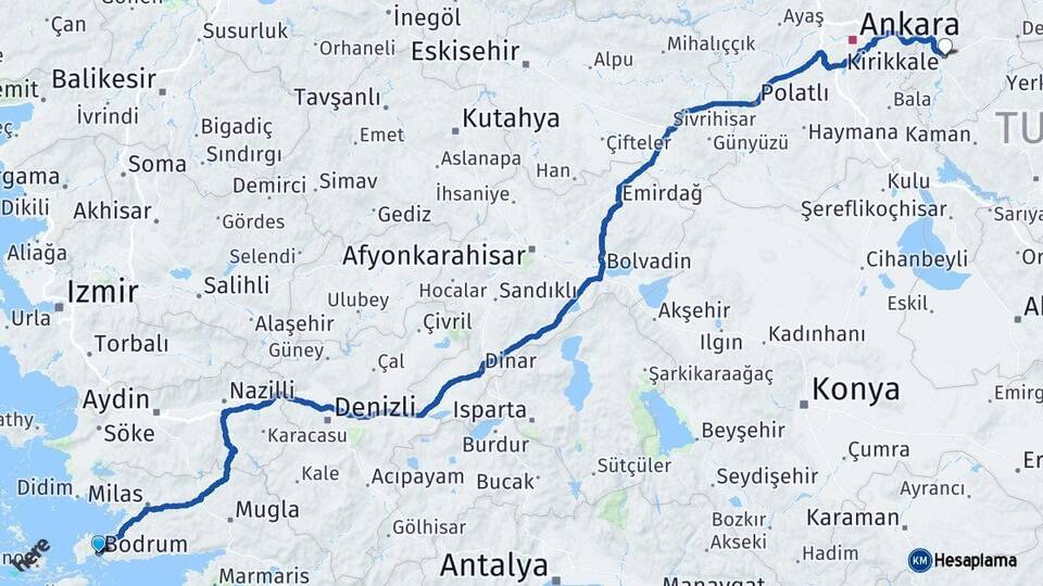 Muğla Bodrum Kırıkkale Arası Kaç Km - Yol Haritası