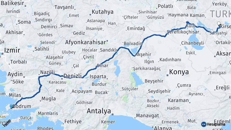 Muğla Bodrum Kırşehir Arası Kaç Km - Yol Haritası