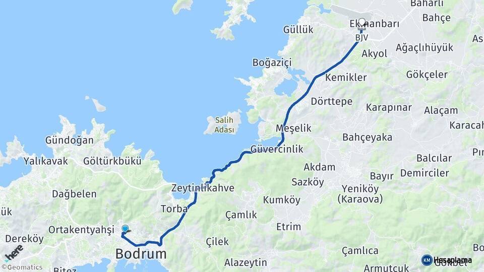 Muğla Bodrum Konacık Milas Bodrum Havalimanı Arası Kaç Km - Yol Haritası
