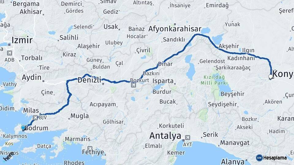 Muğla Bodrum Konya Arası Kaç Km - Yol Haritası