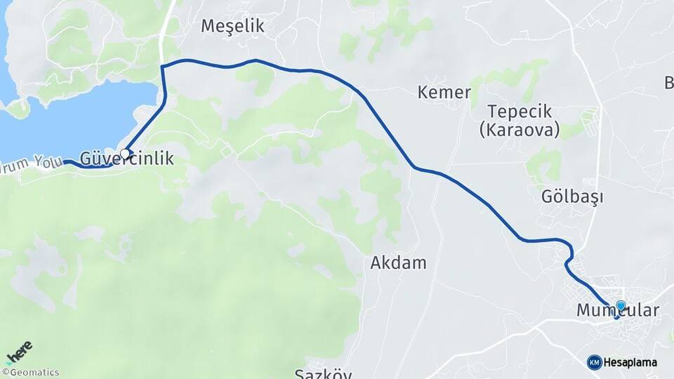 Muğla Bodrum Mumcular Güvercinlik Bodrum Arası Kaç Km - Yol Haritası
