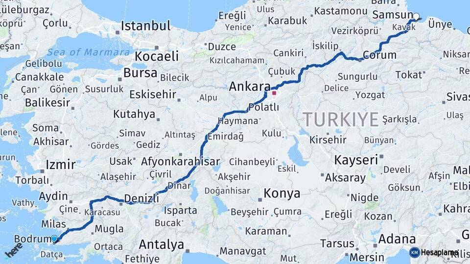 Muğla Bodrum Samsun Arası Kaç Km - Yol Haritası