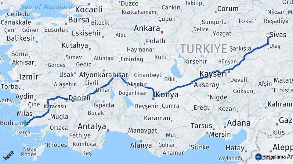 Muğla Bodrum Sivas Arası Kaç Km - Yol Haritası