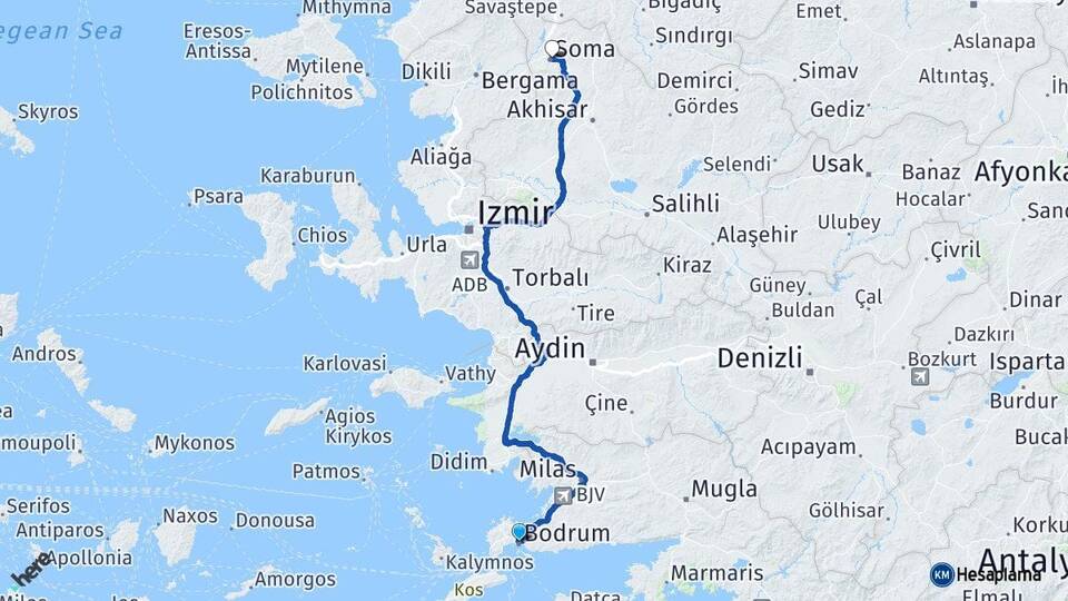 Muğla Bodrum Soma Manisa Arası Kaç Km - Yol Haritası