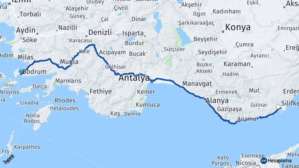 Muğla Bodrum Taşucu Silifke Mersin Arası Kaç Km - Yol Haritası