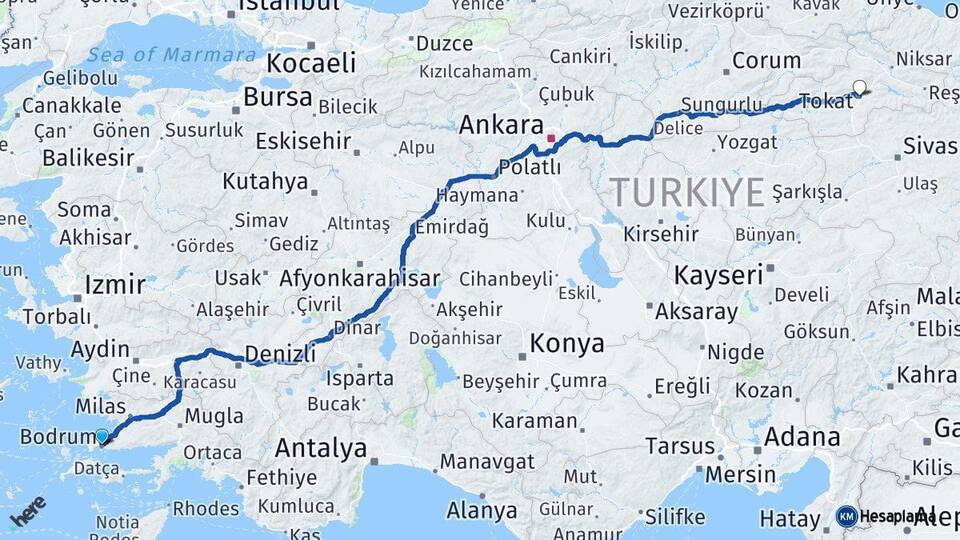 Muğla Bodrum Tokat Arası Kaç Km - Yol Haritası