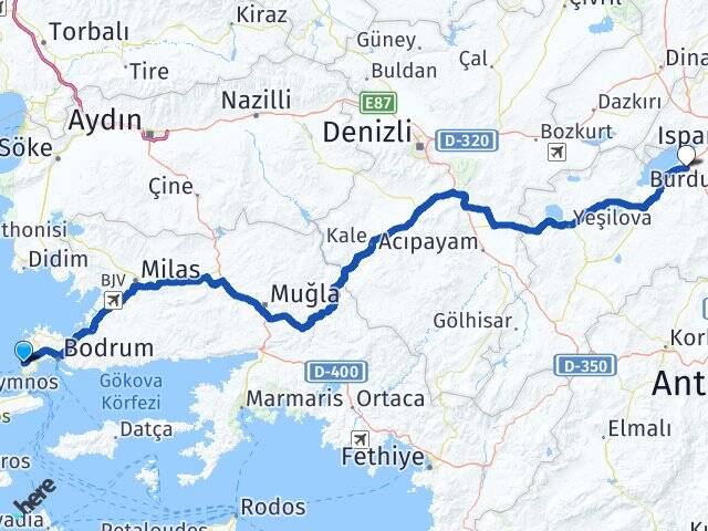 Muğla Bodrum Turgutreis Burdur Arası Kaç Km - Yol Haritası