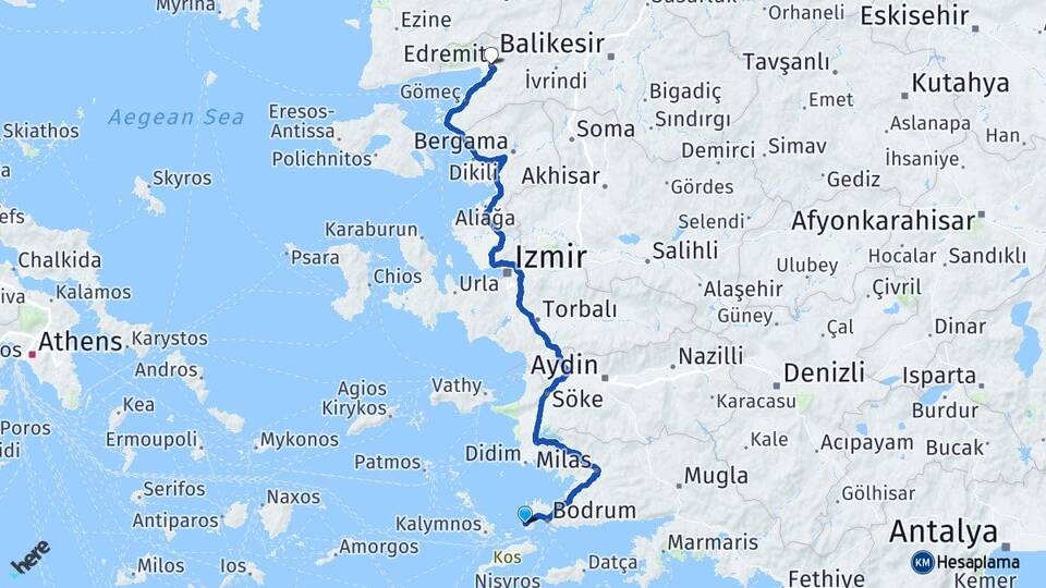 Muğla Bodrum Turgutreis Edremit Balıkesir Arası Kaç Km - Yol Haritası