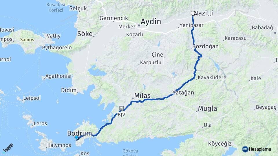 Muğla Bodrum Turgutreis Nazilli Aydın Arası Kaç Km - Yol Haritası