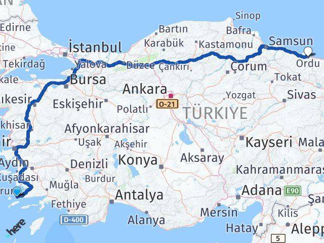 Muğla Bodrum Turgutreis Ordu Arası Kaç Km - Yol Haritası