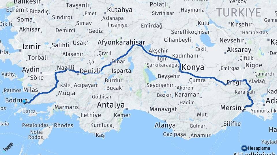 Muğla Bodrum Turgutreis Toroslar Mersin Arası Kaç Km - Yol Haritası
