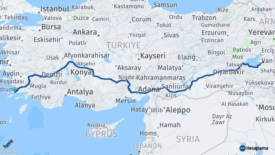 Muğla Bodrum Van Arası Kaç Km - Yol Haritası
