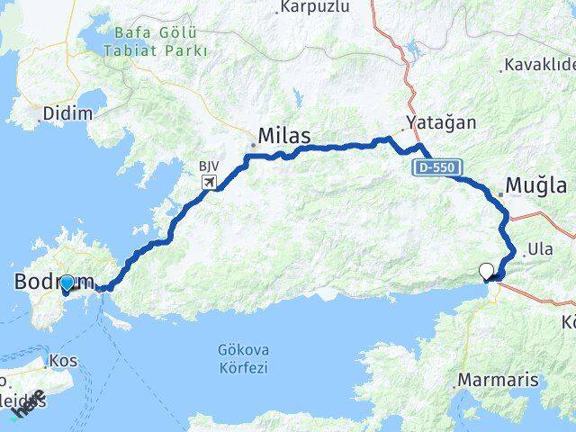 Muğla Bodrum Yahşi Akyaka Ula Arası Kaç Km - Yol Haritası