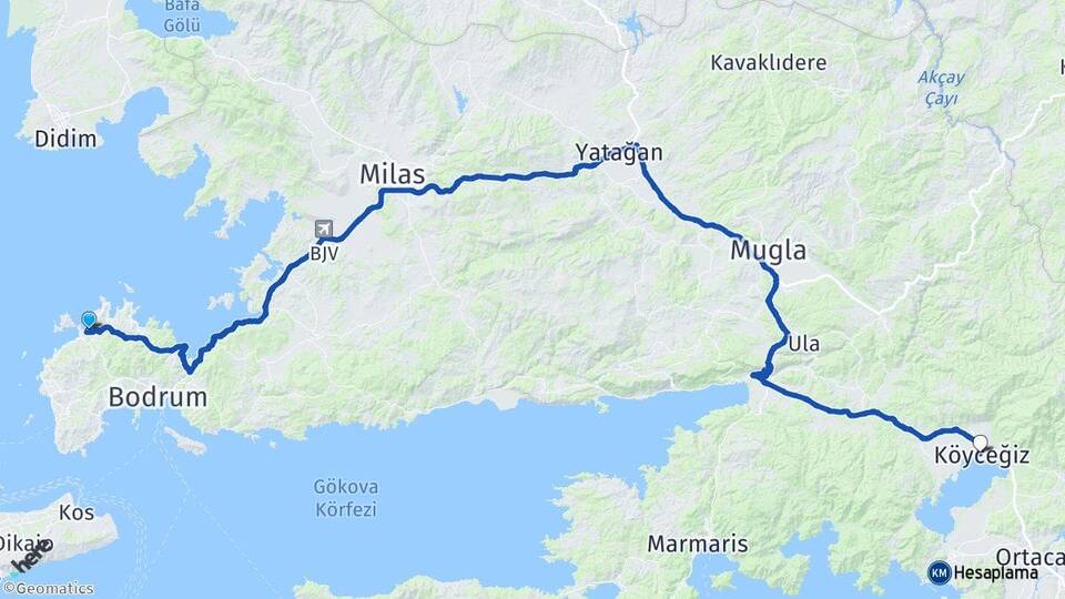 Muğla Bodrum Yalıkavak Köyceğiz Arası Kaç Km - Yol Haritası