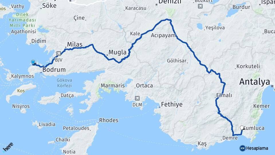 Muğla Bodrum Yalıkavak Kumluca Antalya Arası Kaç Km - Yol Haritası