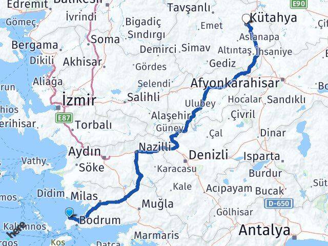 Muğla Bodrum Yalıkavak Kütahya Arası Kaç Km - Yol Haritası