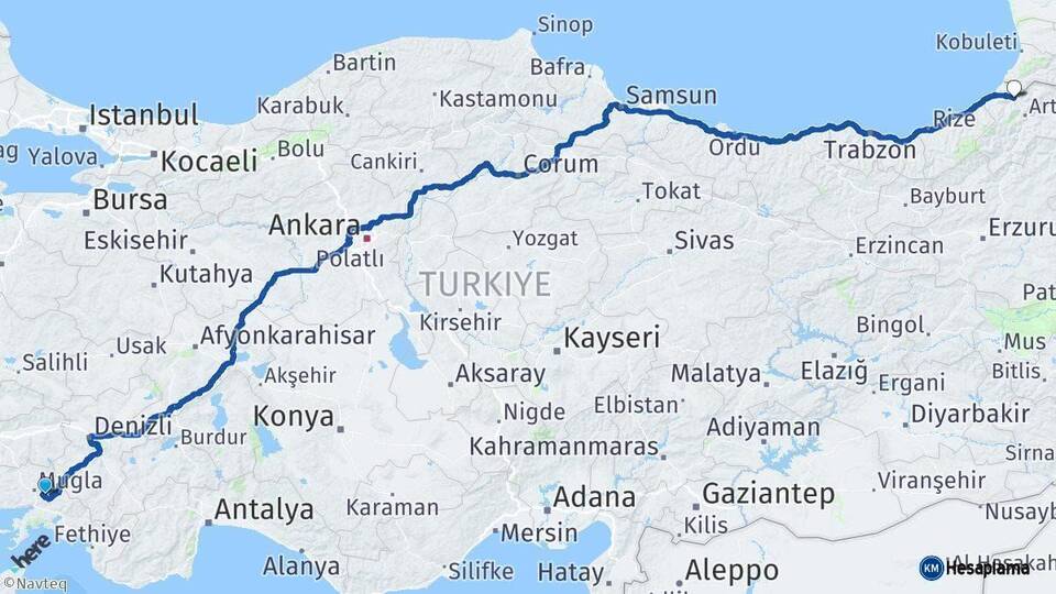 Muğla Borçka Artvin Arası Kaç Km - Yol Haritası