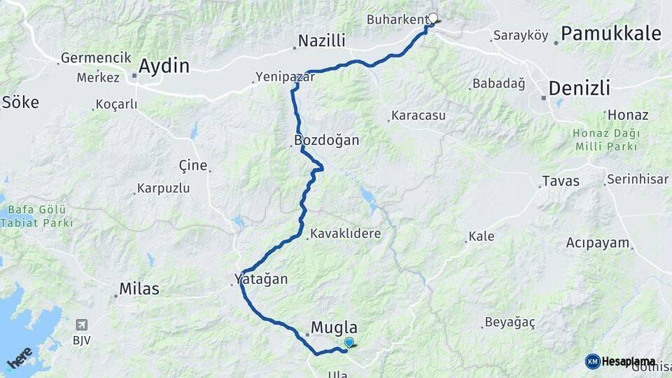 Muğla Buharkent Aydın Arası Kaç Km - Yol Haritası