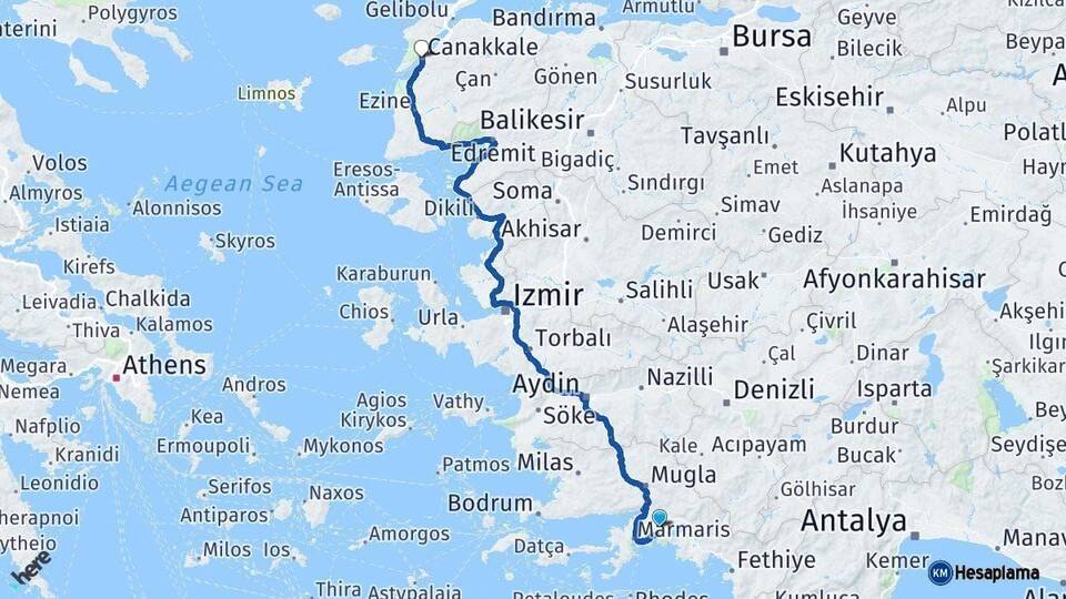 Muğla Çanakkale Arası Kaç Km - Yol Haritası