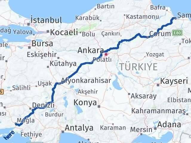 Muğla Canik Samsun Arası Kaç Km - Yol Haritası