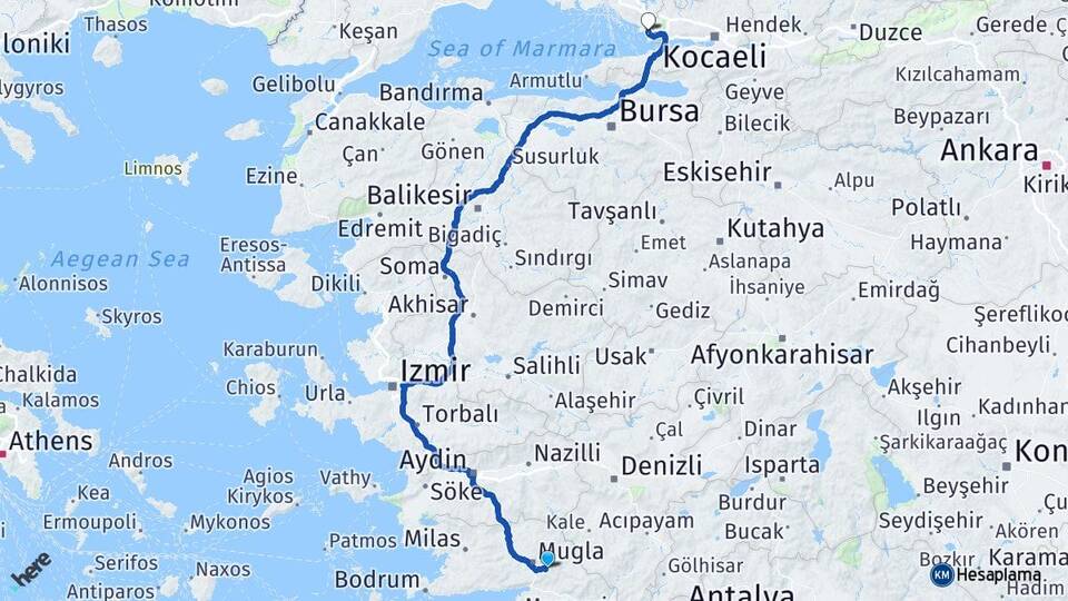 Muğla Çayırova Kocaeli Arası Kaç Km - Yol Haritası