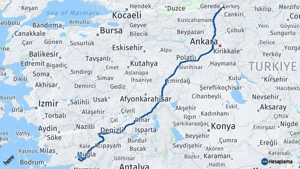 Muğla Çerkeş Çankırı Arası Kaç Km - Yol Haritası