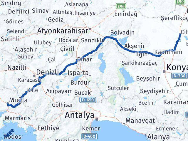 Muğla Cihanbeyli Konya Arası Kaç Km - Yol Haritası