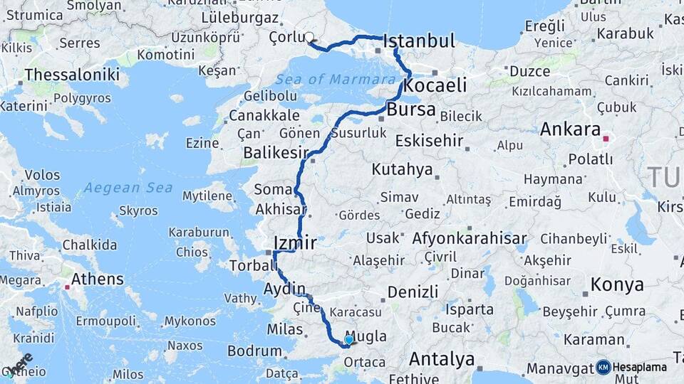 Muğla Çorlu Tekirdağ Arası Kaç Km - Yol Haritası
