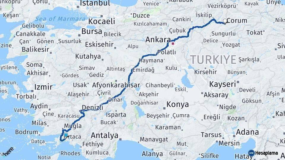 Muğla Çorum Arası Kaç Km - Yol Haritası