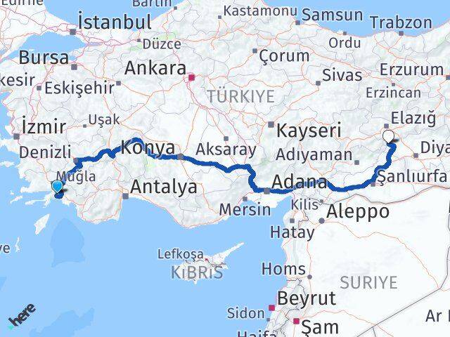 Muğla Çüngüş Diyarbakır Arası Kaç Km - Yol Haritası