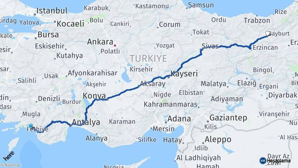 Muğla Dalaman Bayburt Arası Kaç Km - Yol Haritası