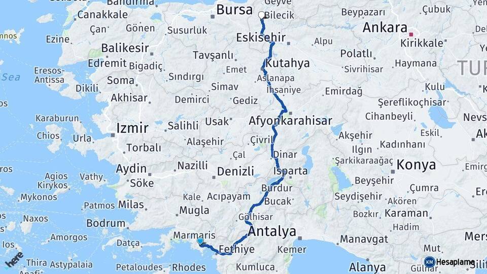 Muğla Dalaman Bilecik Arası Kaç Km - Yol Haritası