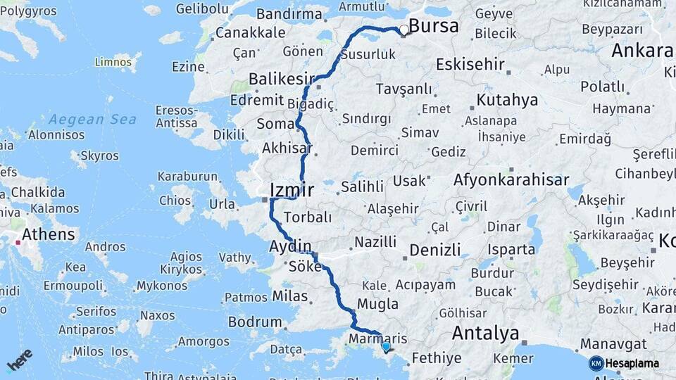 Muğla Dalaman Bursa Arası Kaç Km - Yol Haritası