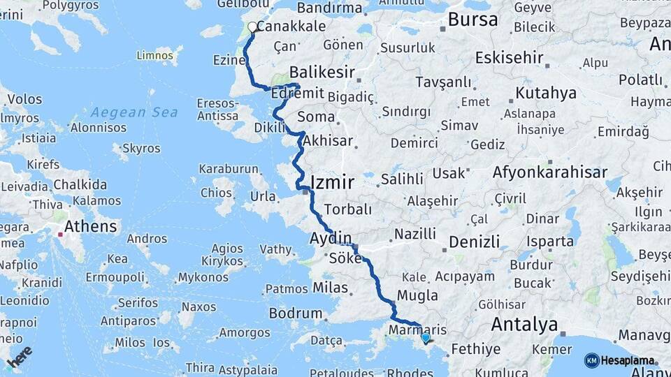 Muğla Dalaman Çanakkale Arası Kaç Km - Yol Haritası